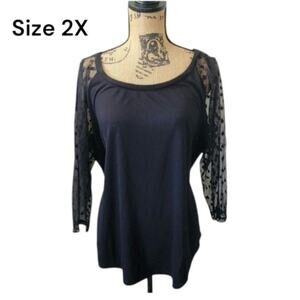 2X Torrid Black Polka Dot Mesh Sleeve Raglan Top